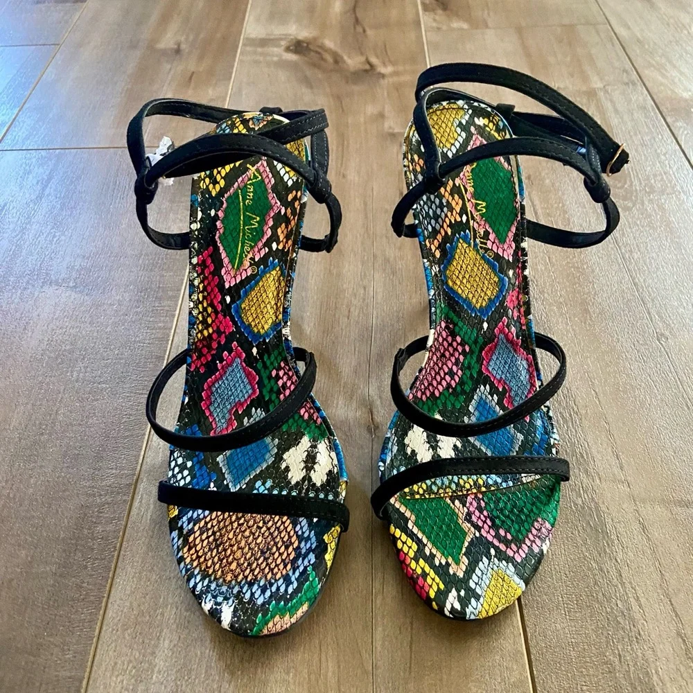 Anne Michelle Black Ankle Strap Snakeskin Heels
